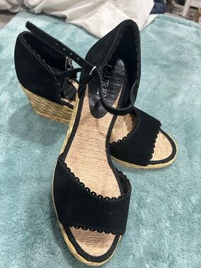 Ralph Lauren Black Suede Espadrille Wedge Sandals with Ankle Strap